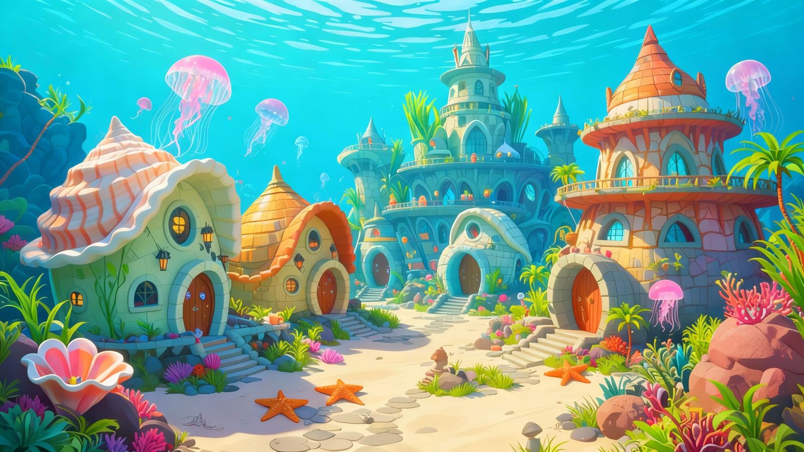 Enchanting Underwater Village in Lush Animation Style