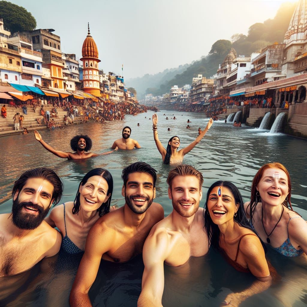 Friends Enjoy Bath in Sacred River at Haridwar from Above