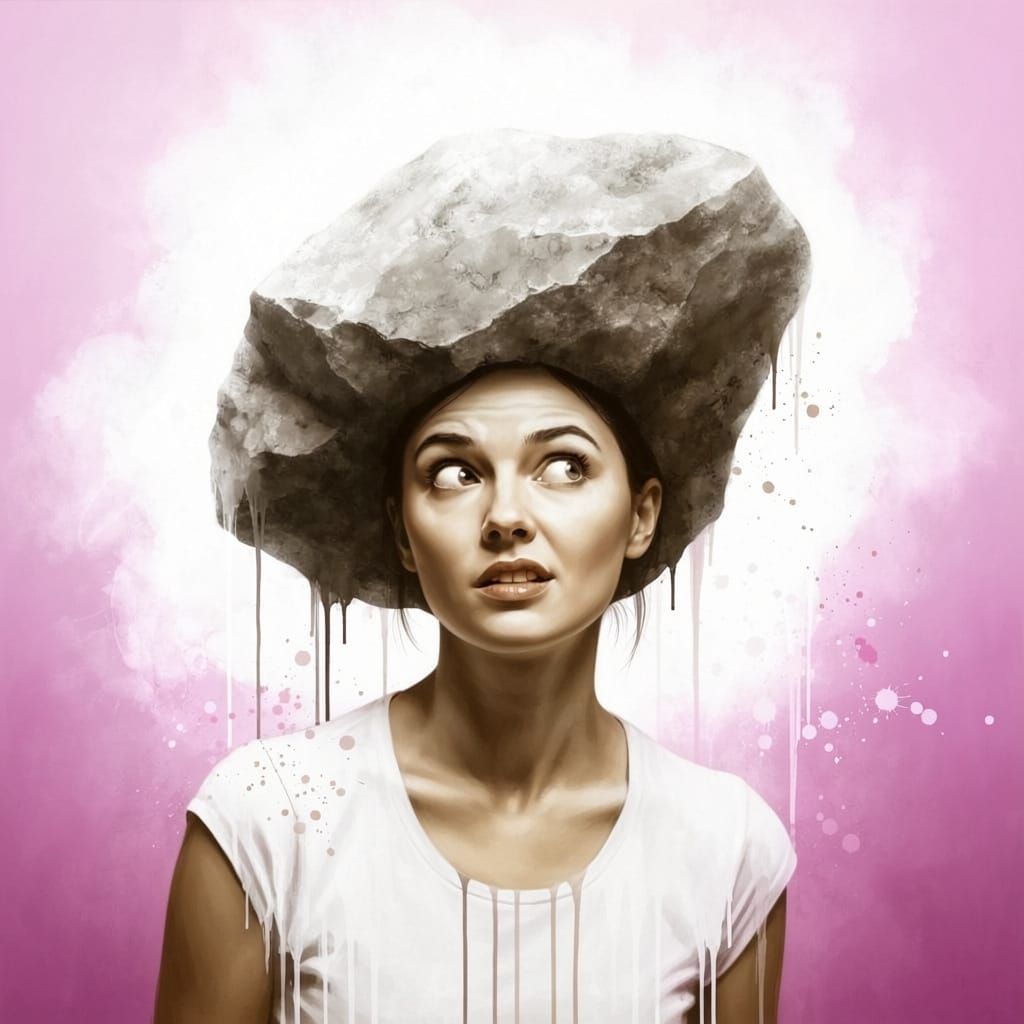 Woman Puzzled by Rock Hat in Ethereal Ink Painting