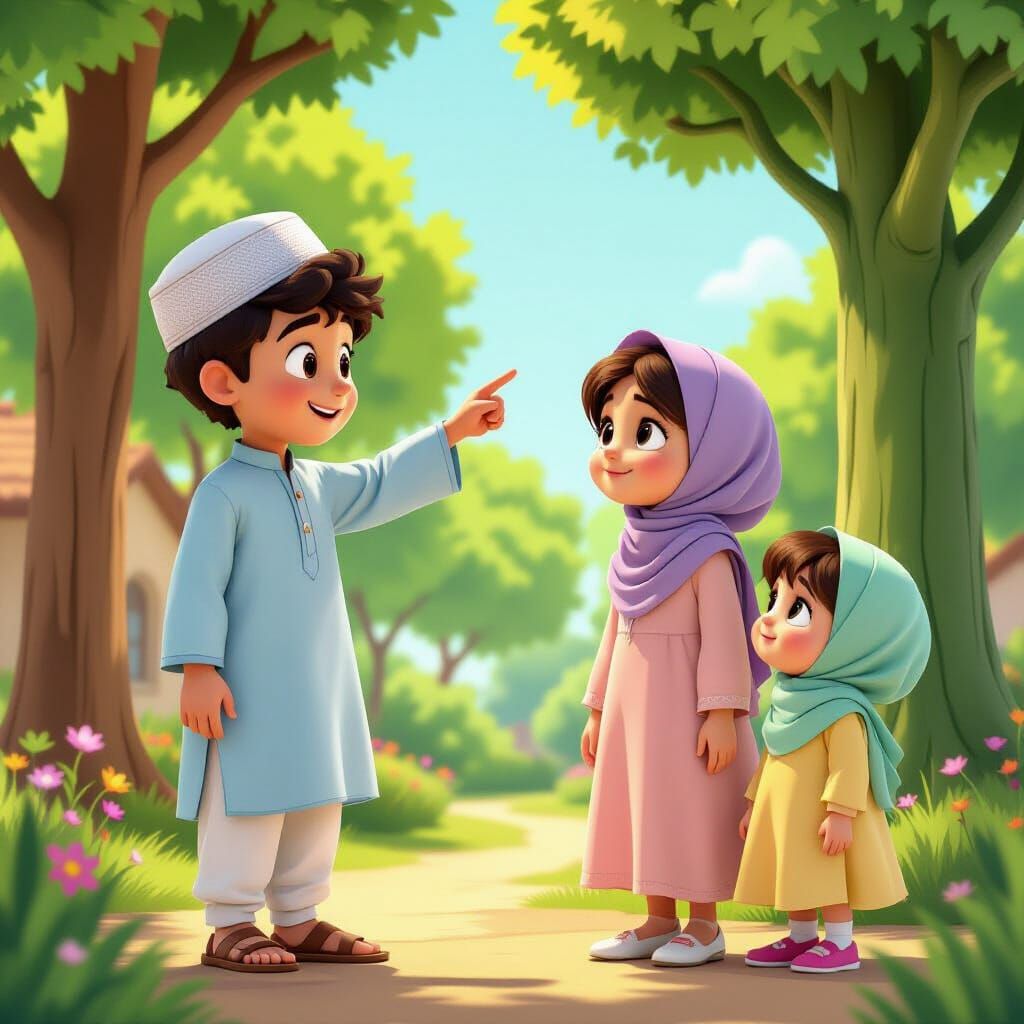 Pixar-Disney Style Siblings Near Tall Tree Illustration