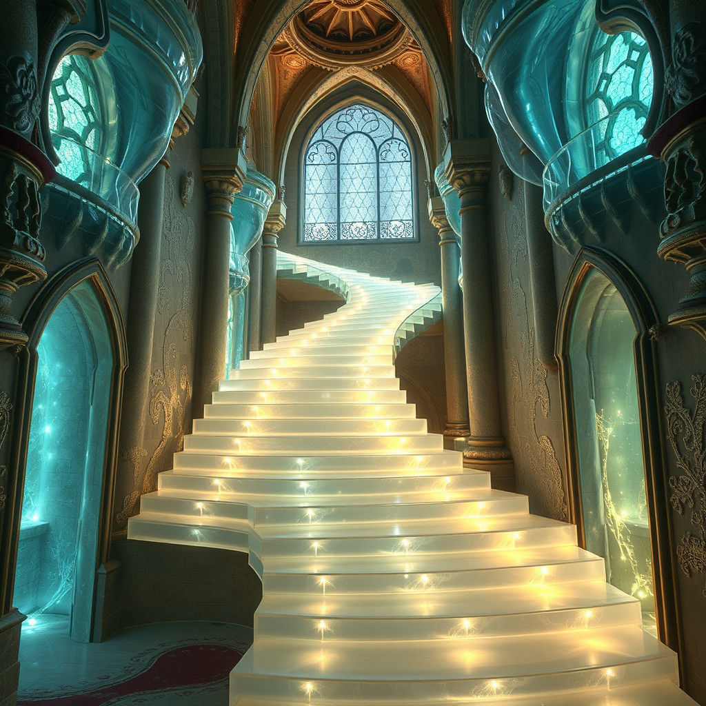 Surreal Castle Interior Defies Gravity with Ethereal Stairca...