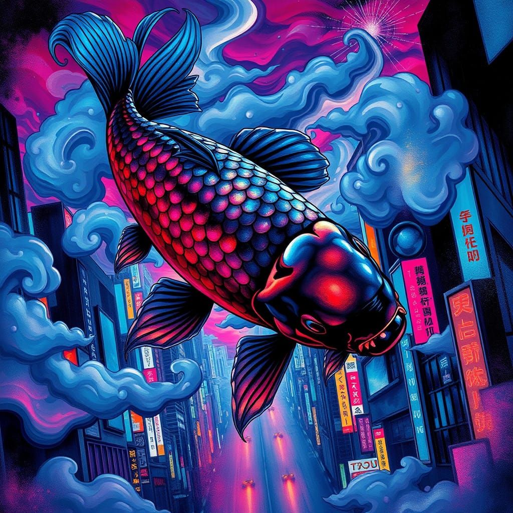 Futuristic Koi Fish Amidst Tokyo Cityscape