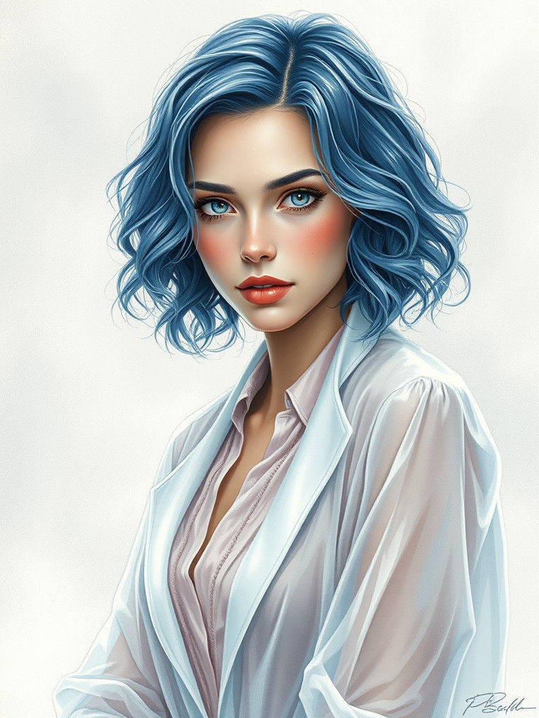 Ethereal Woman with Lavender Hair and Rainy Cityscape