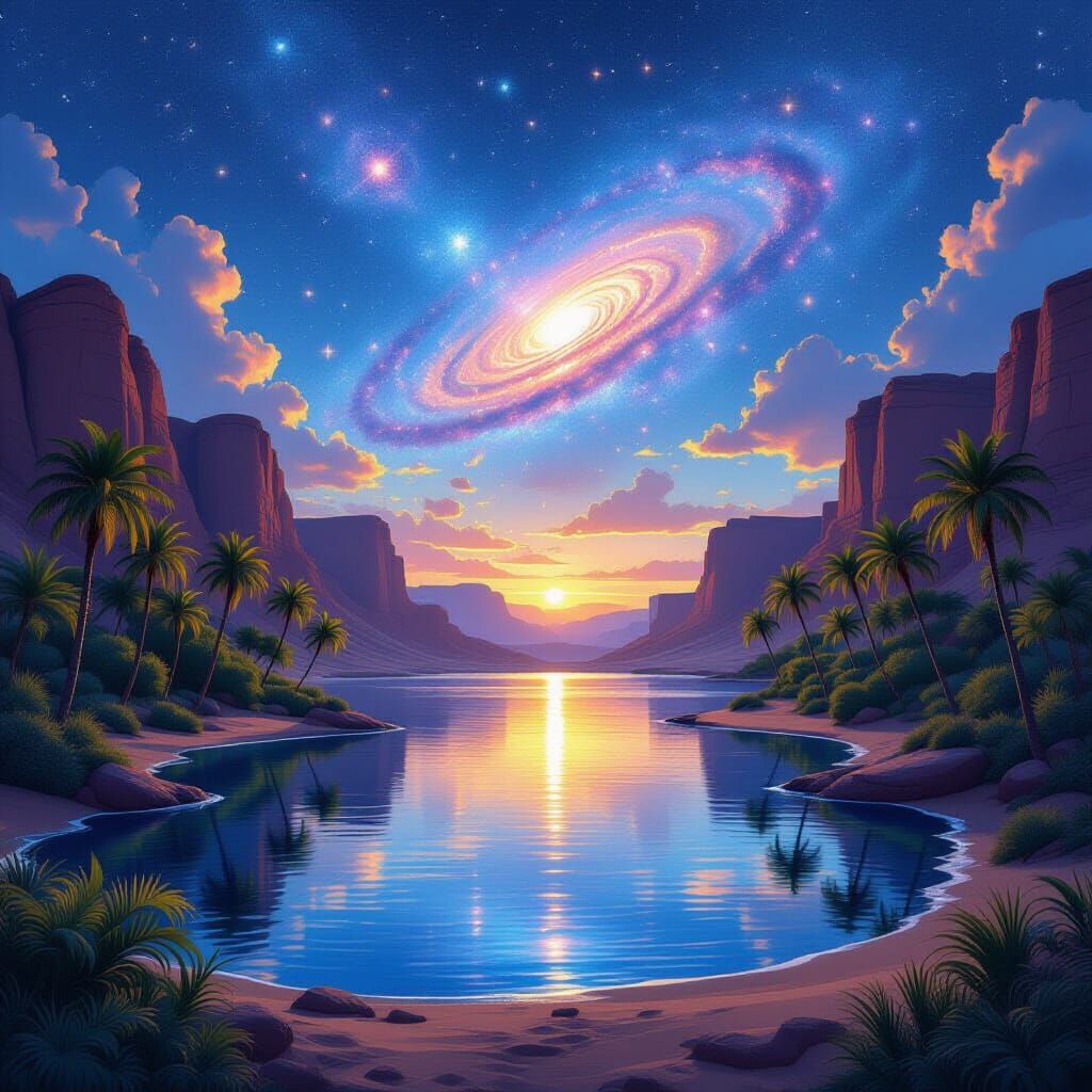 Cosmic Oasis at Twilight: Digital Art