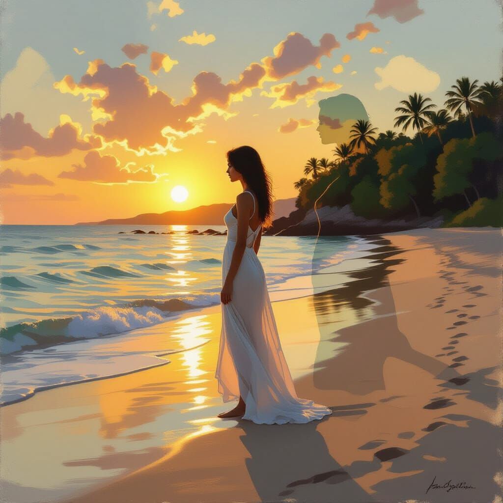 Impressionist Beach Sunset with Forest Silhouette