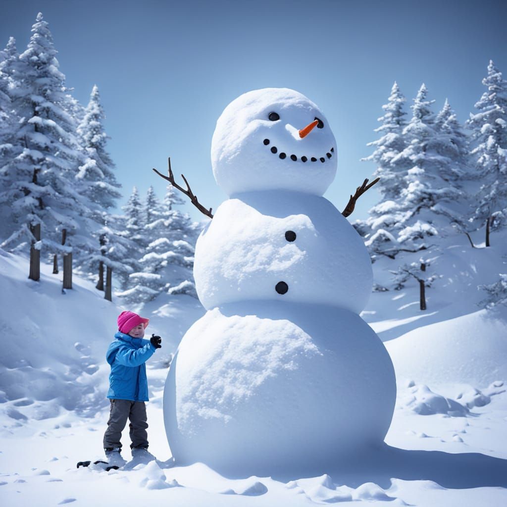 Giant Snowman Being Built in Winter Landscape