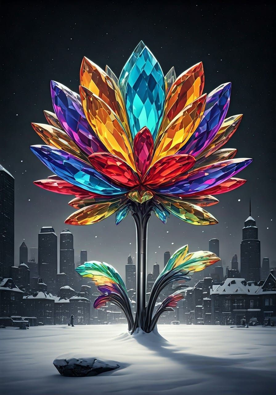 Ethereal Rainbow Bloom in Winter Cityscape