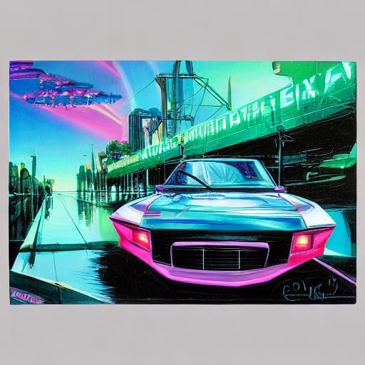 Vibrant Cyberpunk Dreamscape with Ominous Silhouettes in Oil