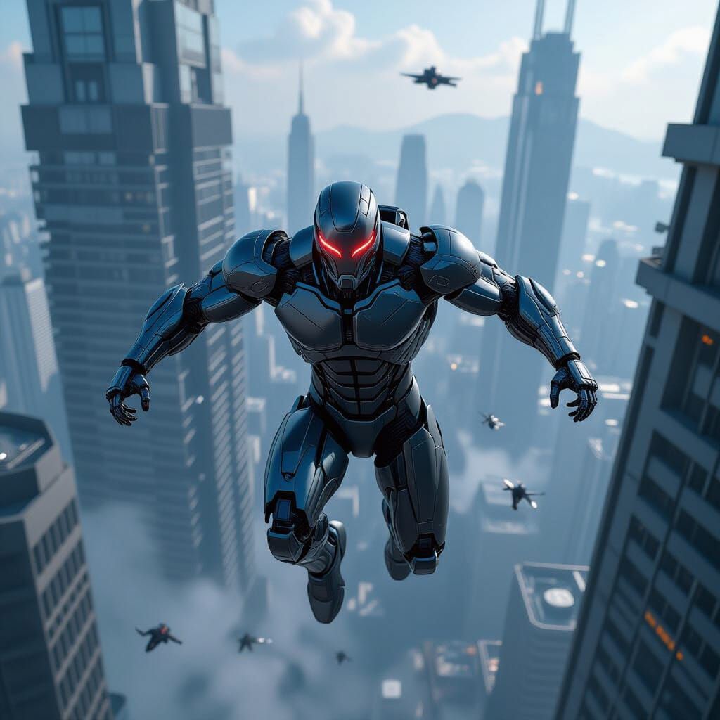 Cyborg Superhero Rescues Citizens in Futuristic Cityscape