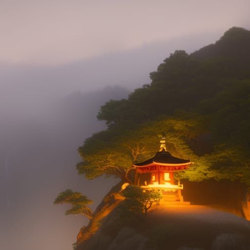 Surreal Japanese Temple Illuminated by Moonlit Fog