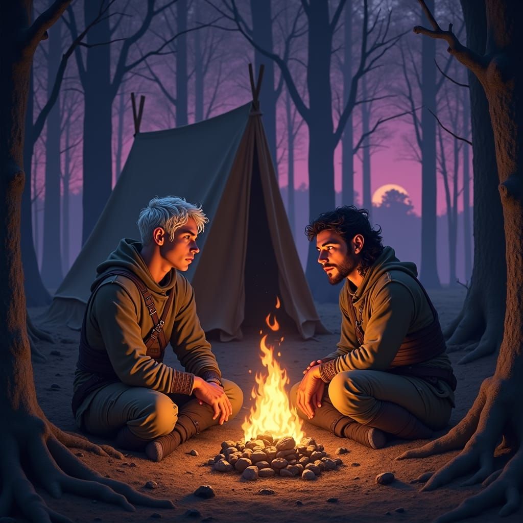 Dark Fantasy Companions Gathered by a Campfire