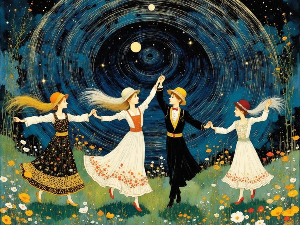 Whimsical Children Dance Under Starry Summer Sky