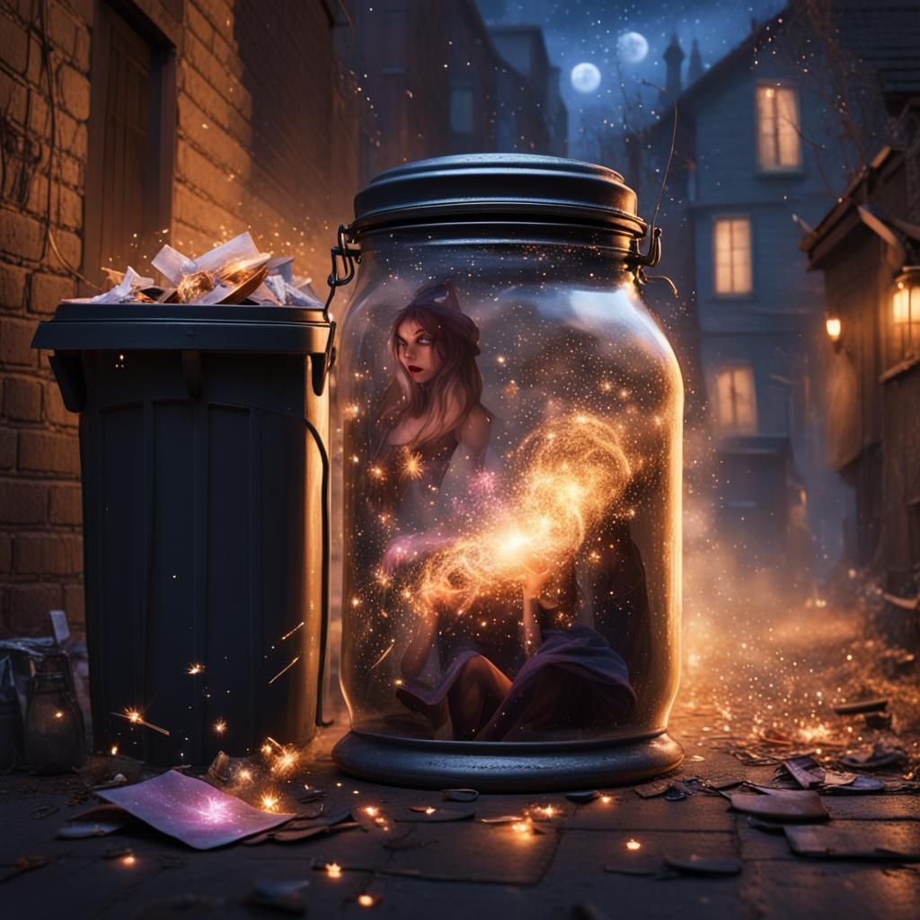 A Witch Emerges from a Jar Amidst Magic and Nighttime Alley