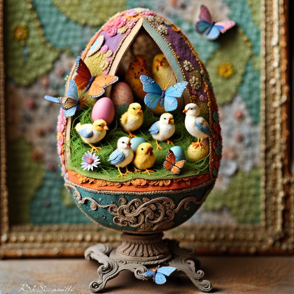 Intricate Easter Egg Assemblage Sculpture in Mixed Media