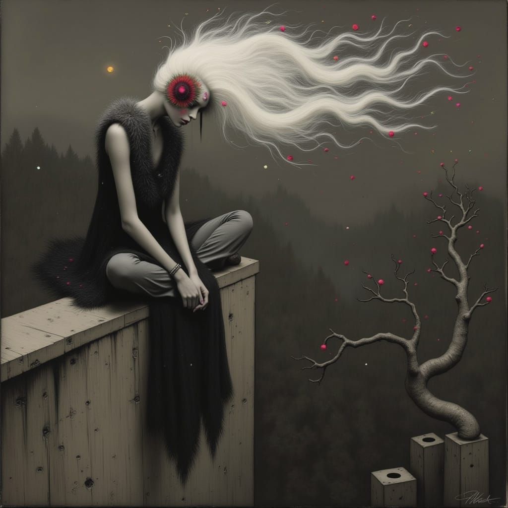 Ethereal Bohemian Woman in Charcoal Mixed Media Style