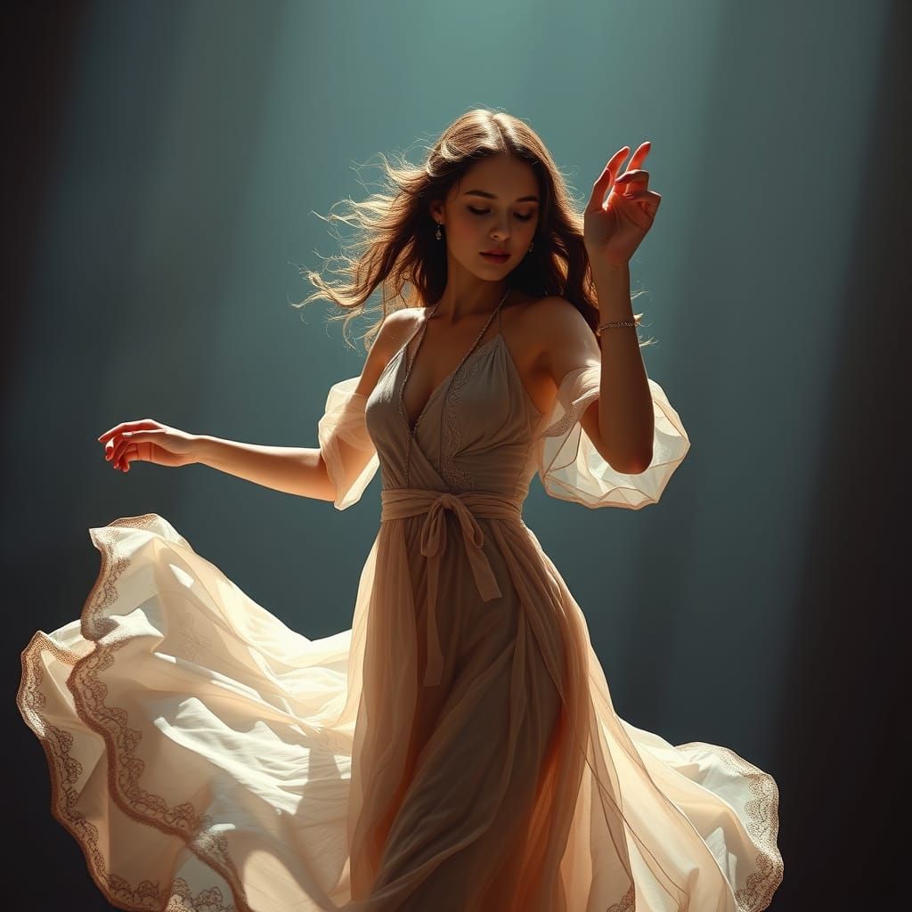 Dancing Young Woman in Flowing Dress, Ultra-Realistic 8k