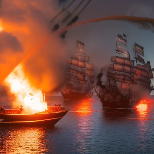 Pirate Ships Engage in Epic Cannon Battle in Golden Light