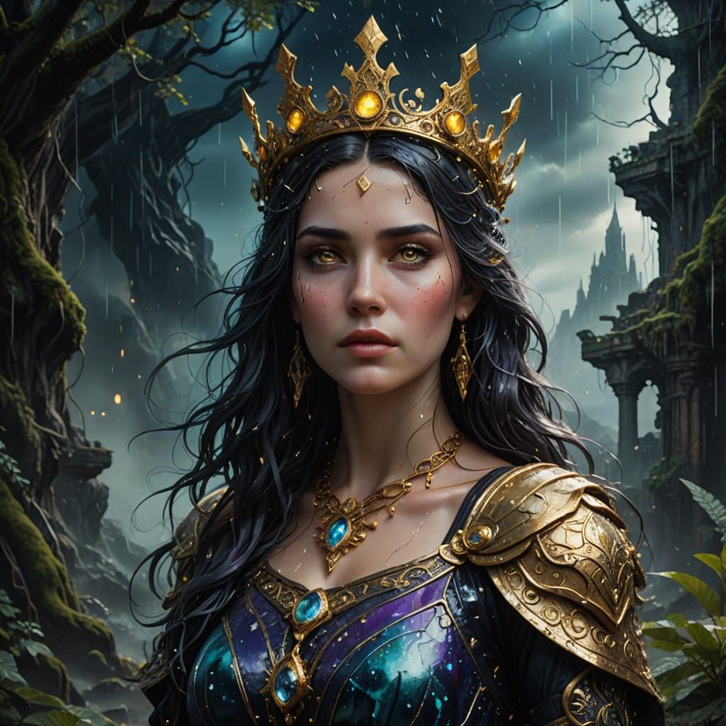 Goddess Amidst Ruins in Dystopian Landscape