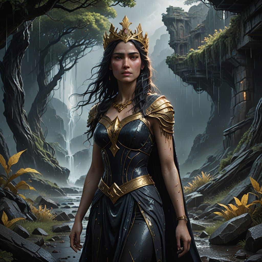 Glowing Goddess in Rain-Soaked Ruins