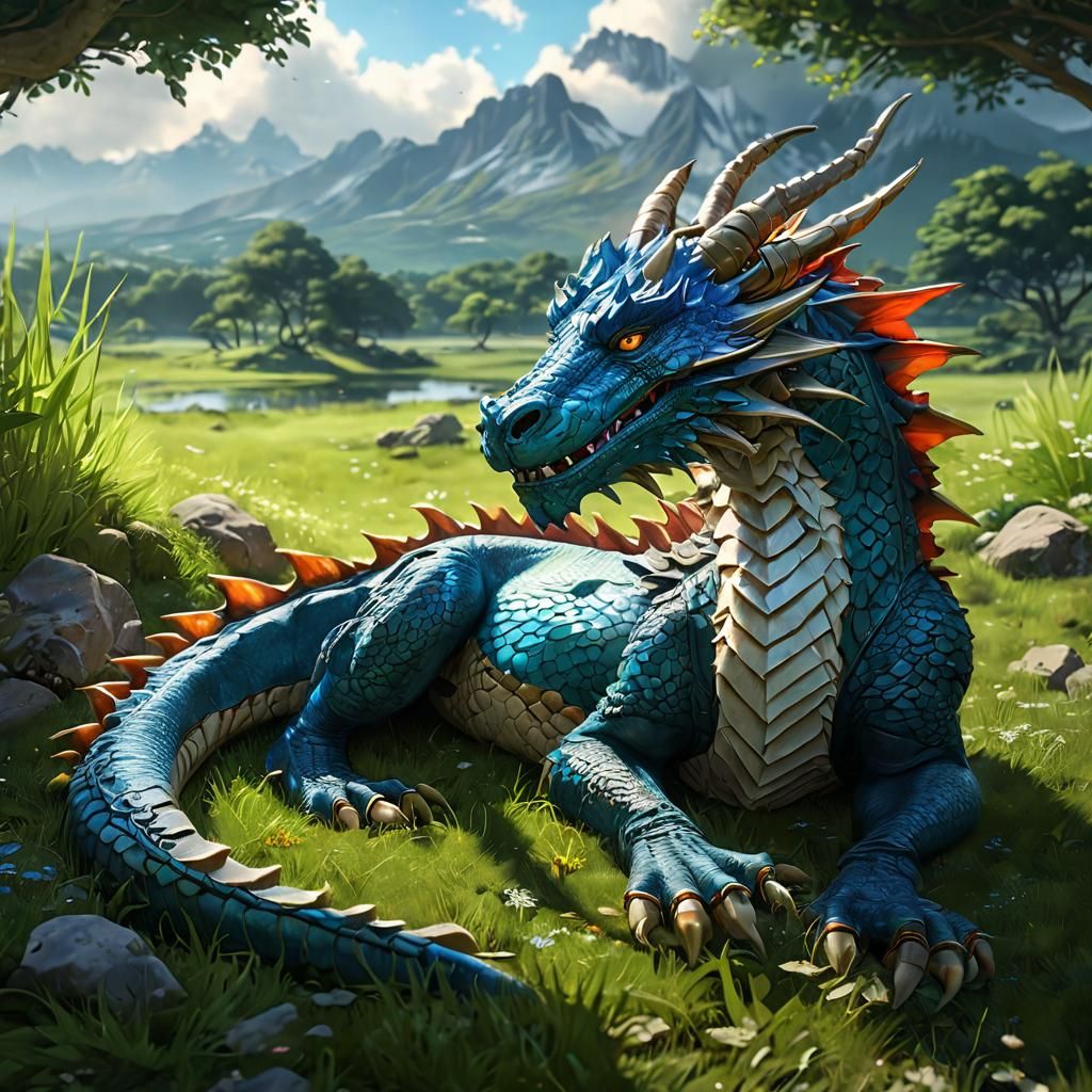 Mythical Dragon Lays Serene in Hazy 80's Anime Landscape