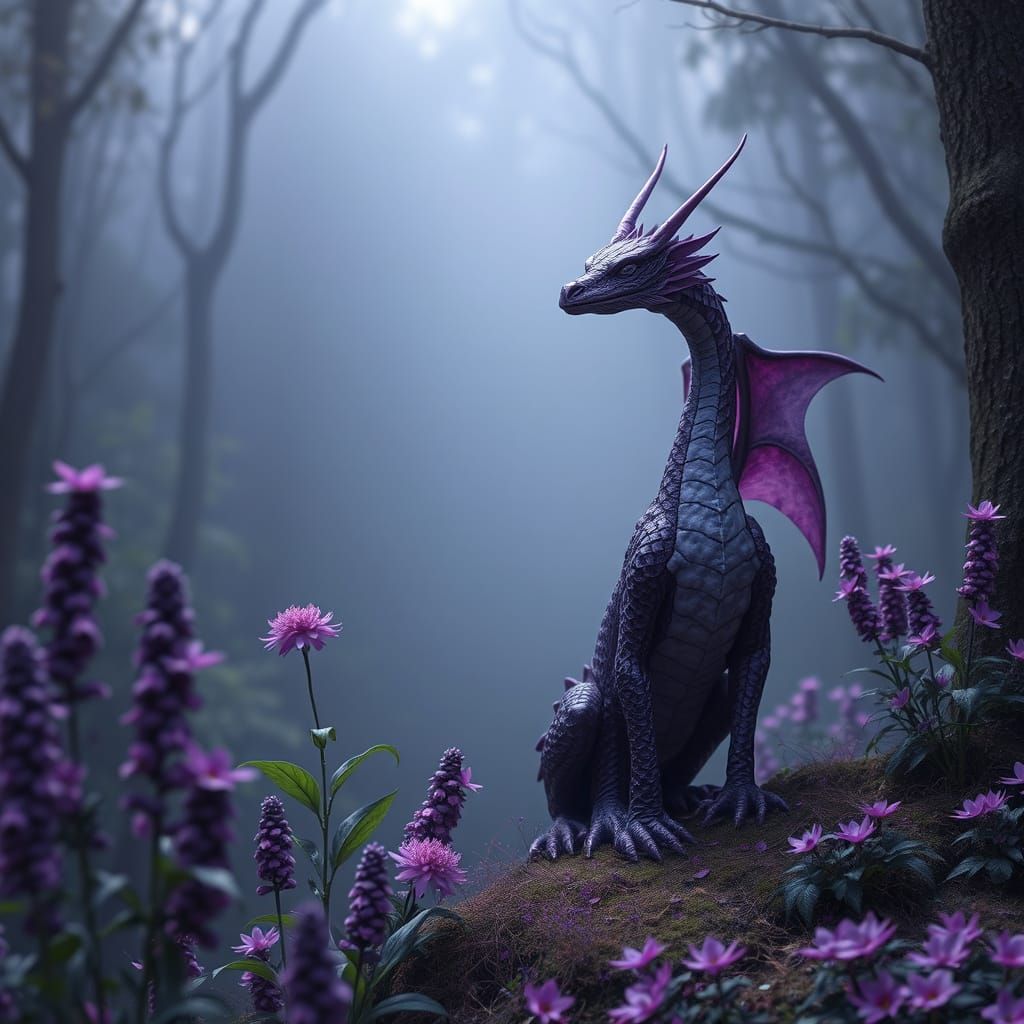 Fantasy Dragon in a Dark Purple Forest