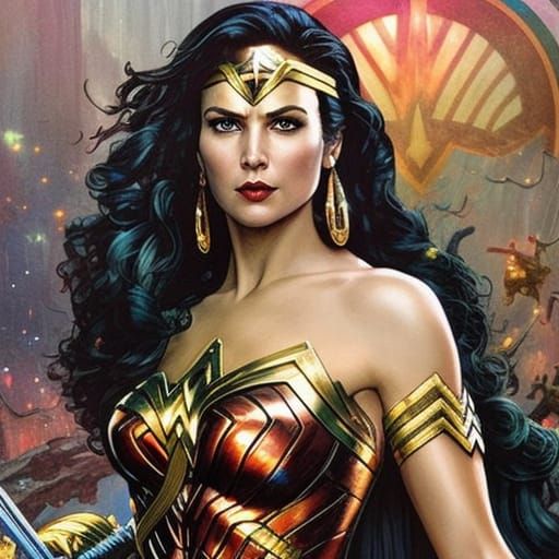 Wonder Woman with Broadsword in Psychedelic Comic Art