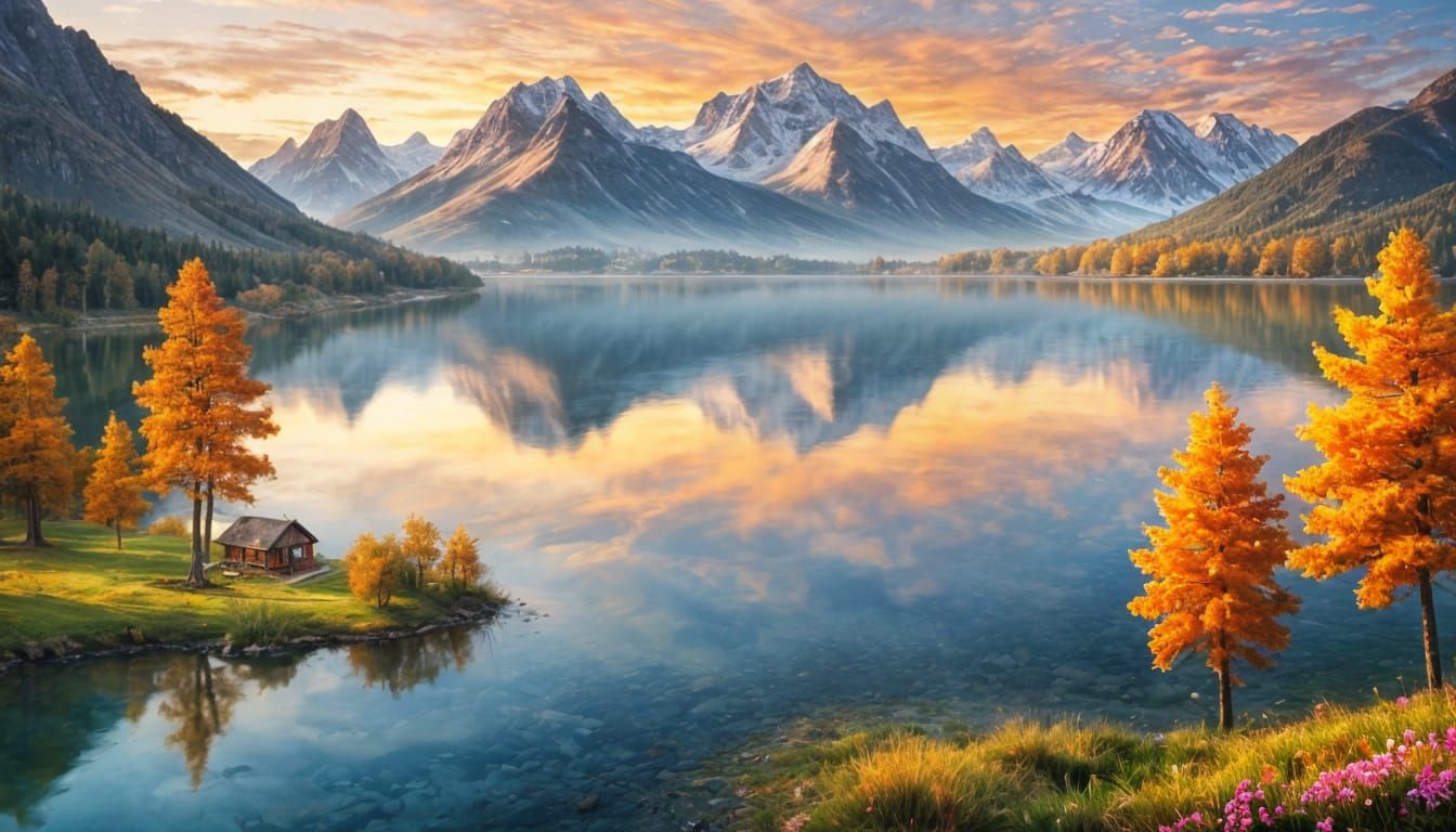 Idyllic Lake Island Sunset Landscape