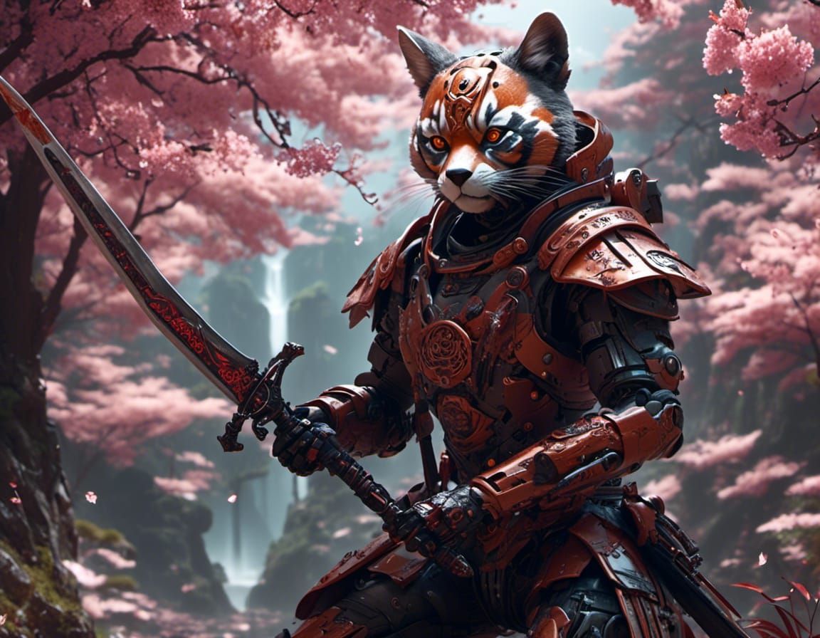Cyberpanda in Steampunk Armor Chases Through Cherry Blossom....