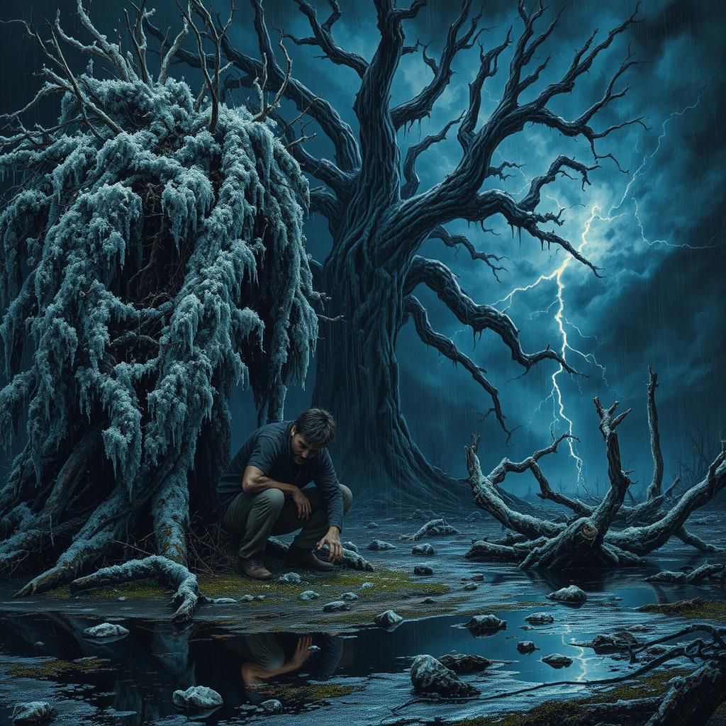 Man Cowers Under Shattered Tree in Turbulent Storm