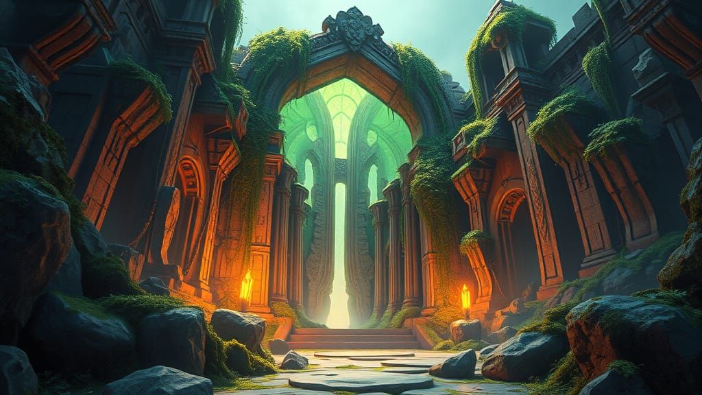 Glowing Portal in Ancient Ruins, in a Cyberpunk Aesthetic