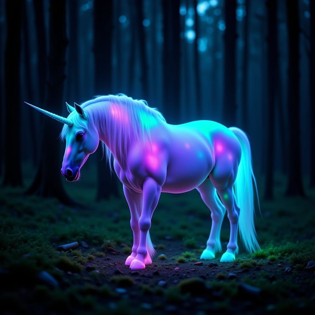 Glowing Turquoise Unicorn in the Night Woods in a Cinematic ...