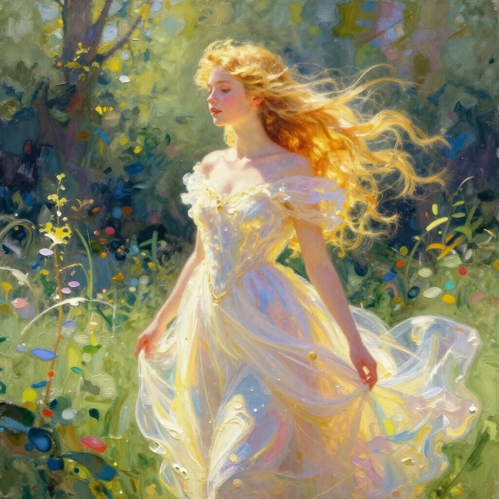 Princess in Ethereal Garden: Impasto Gouache Masterpiece