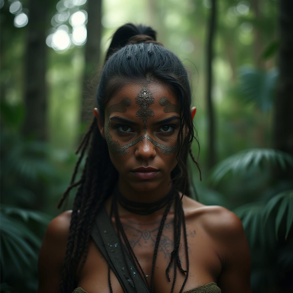 Amazon Warrior With War Paint in Dramatic Rainforest
