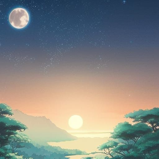 Studio Ghibli Forest at Night Under Stars