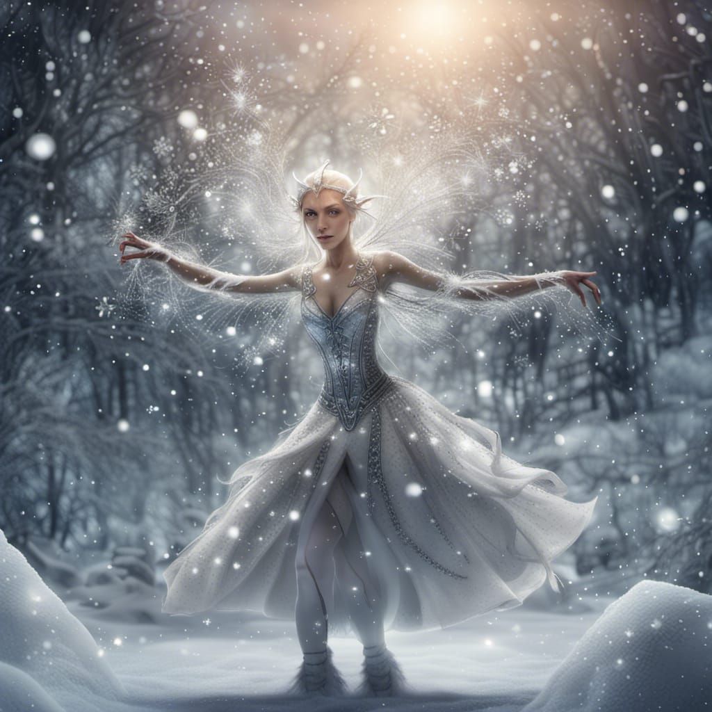 Ethereal Snow Elf Dances in a Spectacular Cloud of Glowing S...