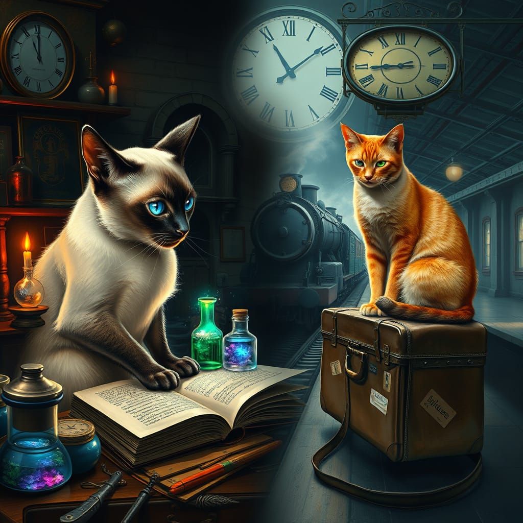Two Enigmatic Cats Amidst Ancient Wisdom and Wanderlust