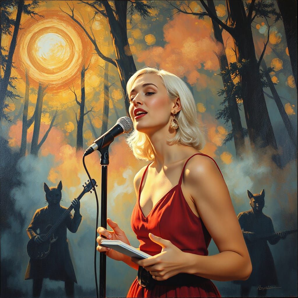 Nordic Jazz Singer in Smokey Forest Oil Painting