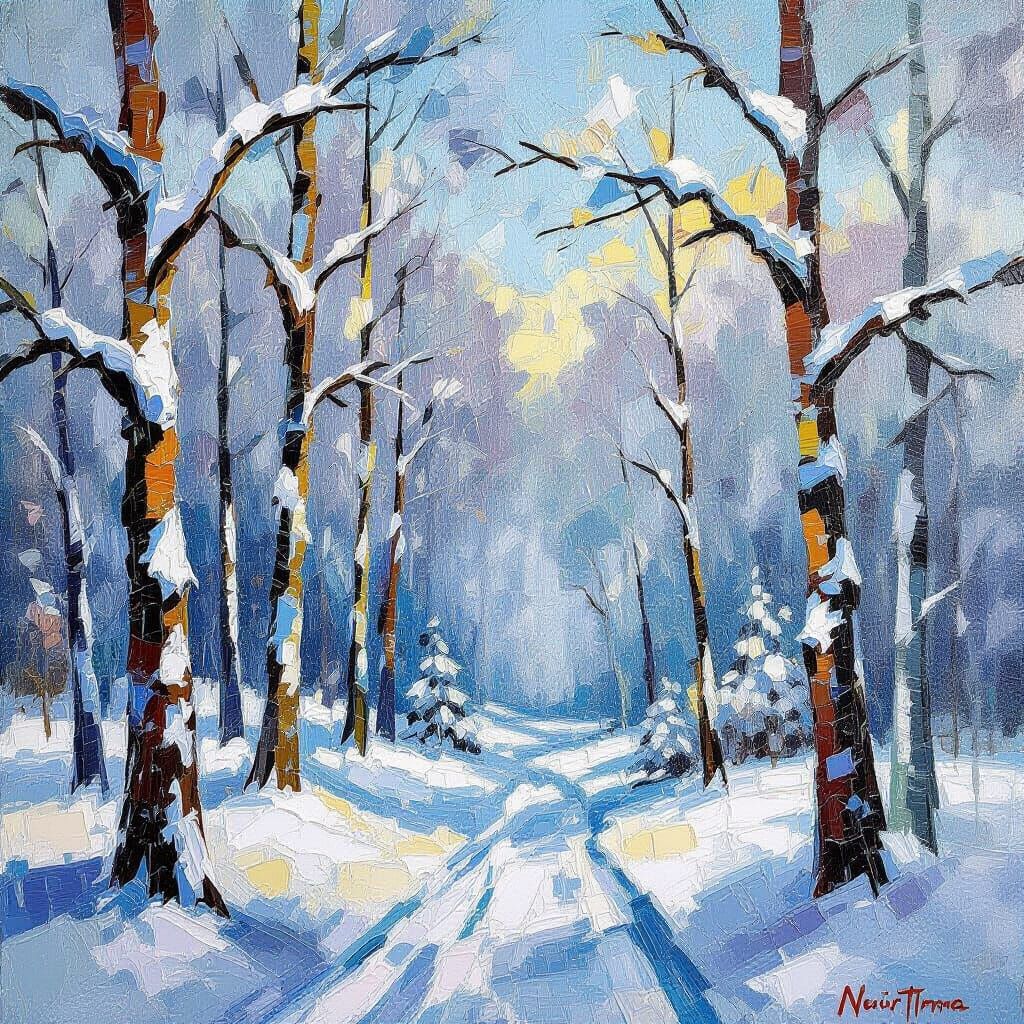 Winter Forest Covered in Snow, Expressive Oil Painting