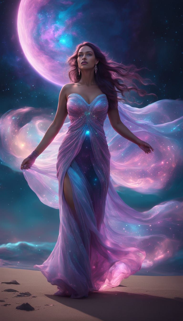 Surreal Cosmic Goddess in Ethereal Cosmic Landscape