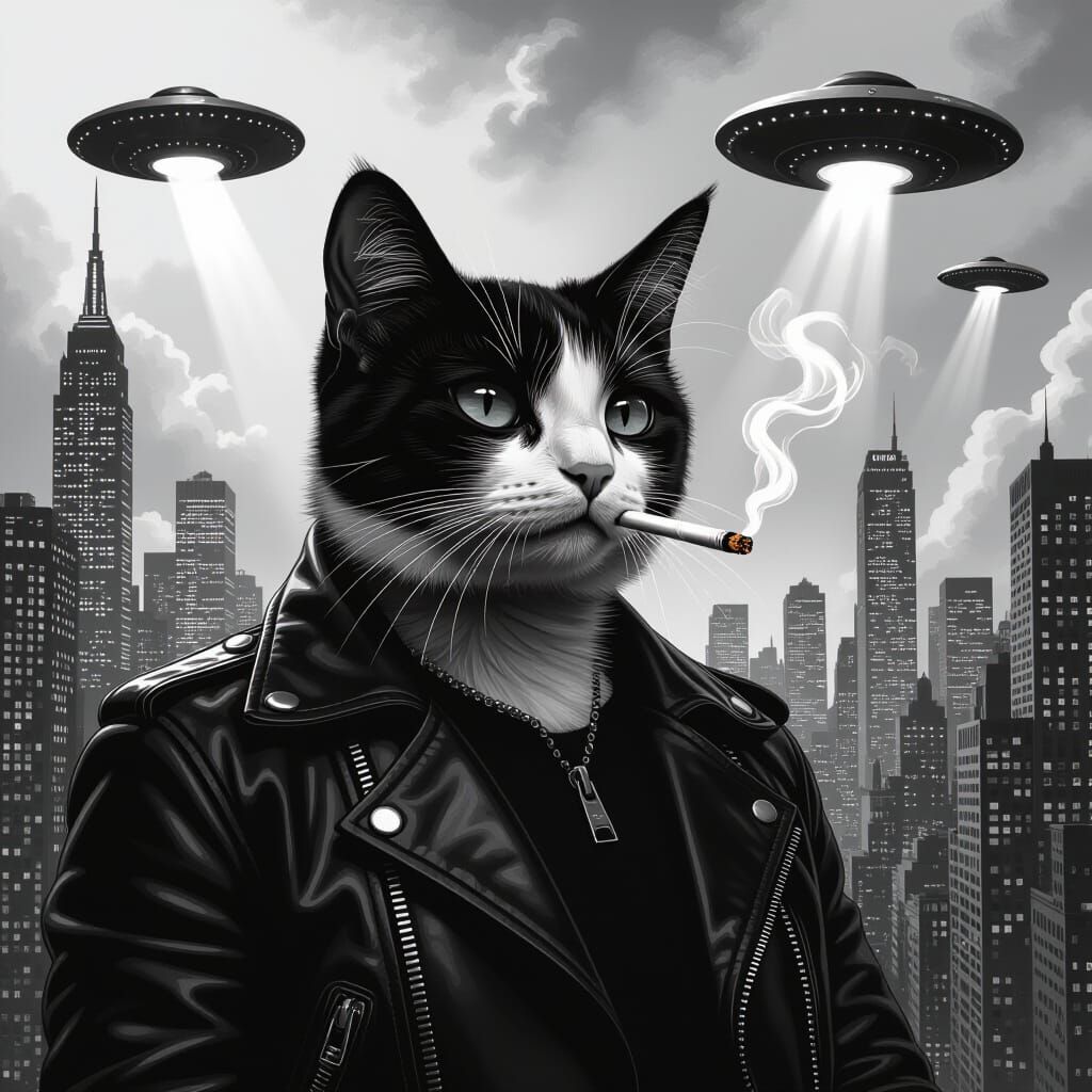 Noir Cat Smokes Under UFOs in Cyberpunk Cityscape