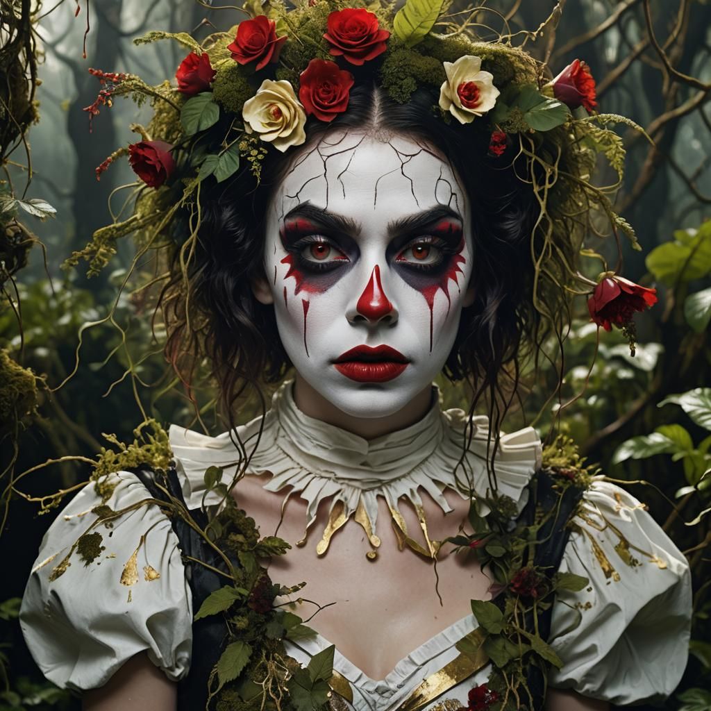 Mystical Clown Queen in an Exotic Garden