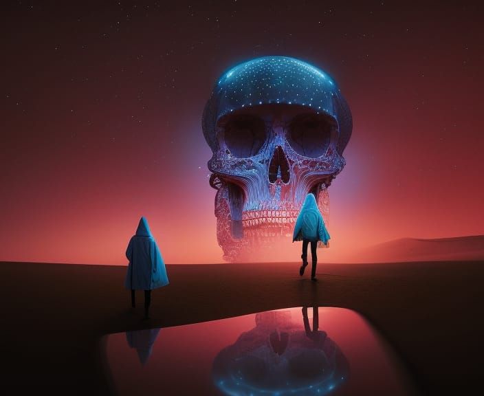 Fantasy Girl Walks Near Glowing Skull Computer in Cyberpunk....