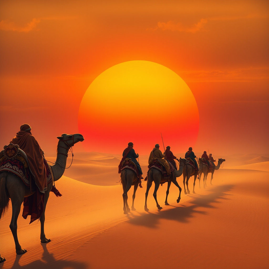 Majestic Camel Procession Under Sunset in Fantasy Concept Ar...