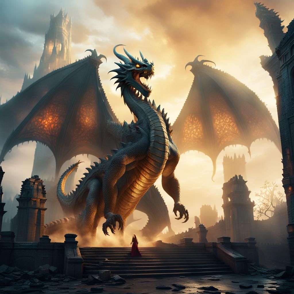 Gothic Dragon Amidst Ancient Ruins in Golden Hour