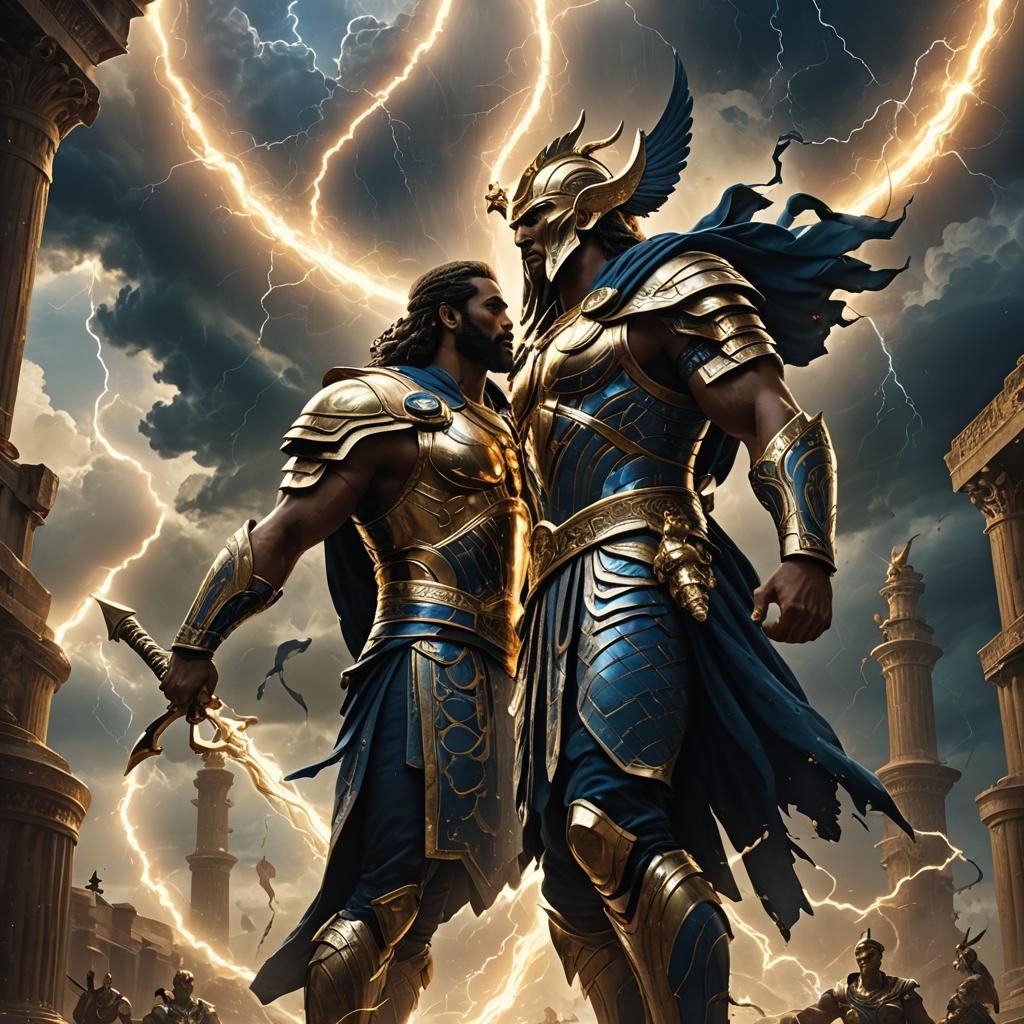 Zeus and Osiris Ready to Clash in Dramatic Low-Angle Art