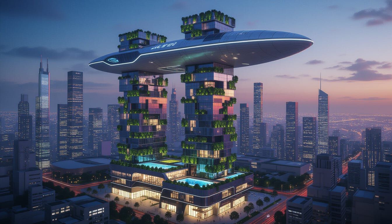Futuristic Skyscraper Complex at Dusk in Cyberpunk City
