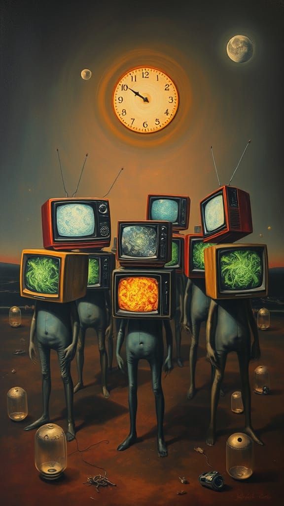 Television Head Figures in Surreal Eerie Landscape