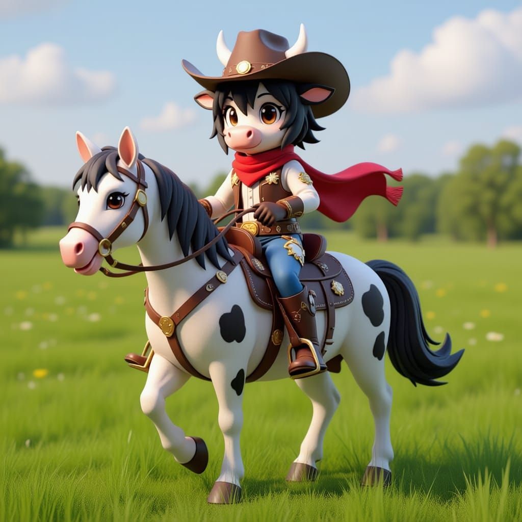 Anthropomorphic Cowgirl Riding Spotted Horse in 3D Anime Sty...