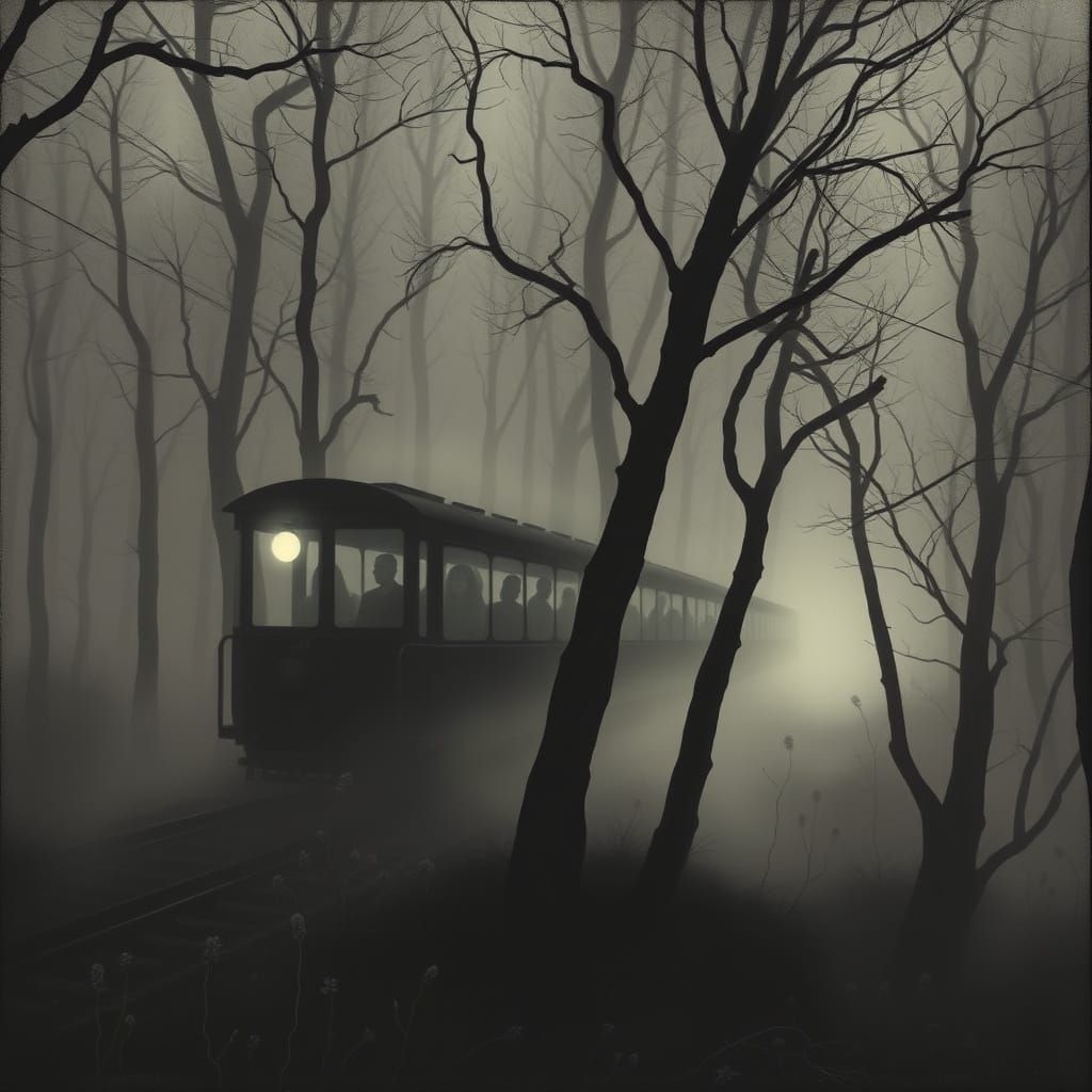 Ethereal Ghost Train in Misty Forest, Dramatic Lighting