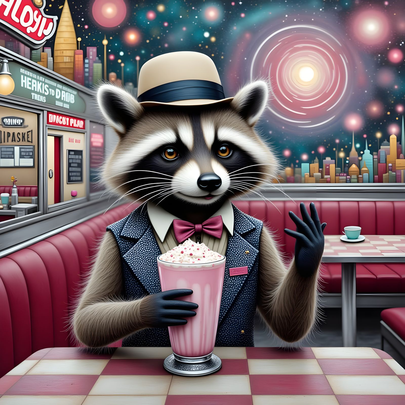 Cosmic Raccoon Diner in Surreal Americana Style